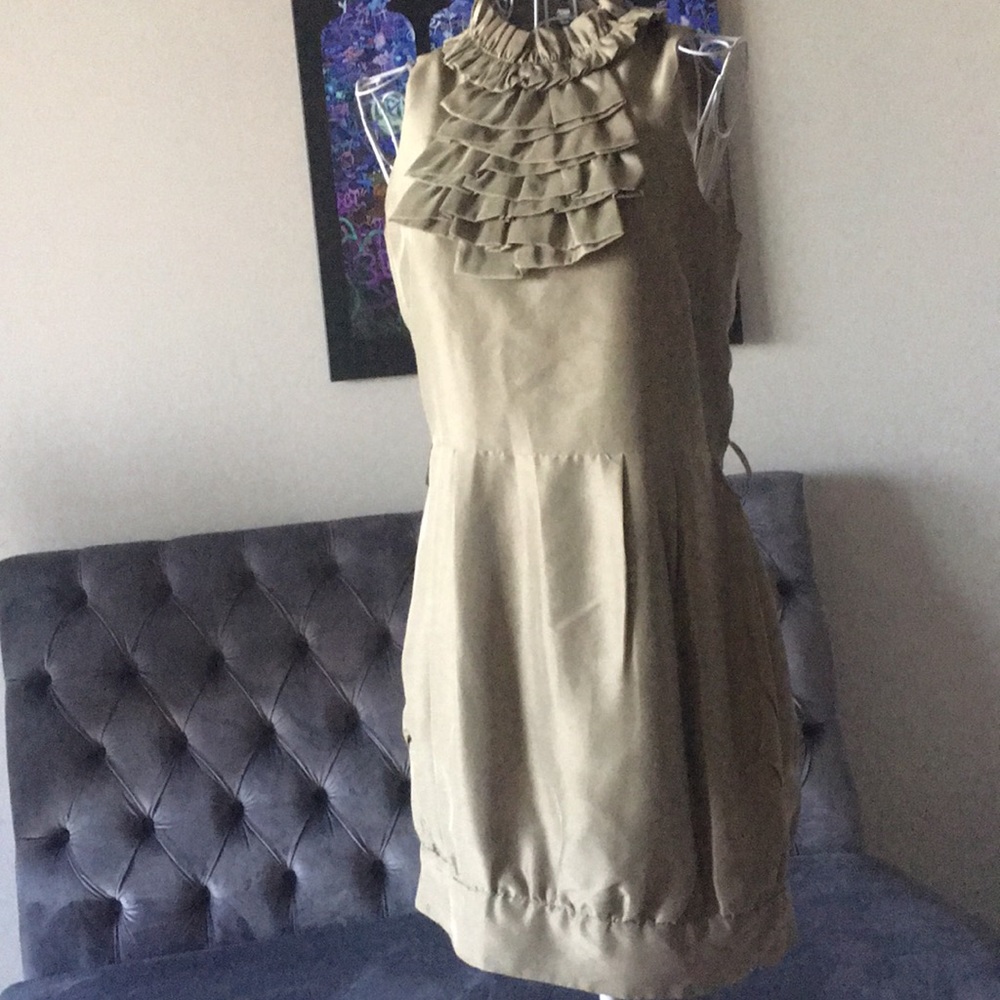 Olive Green/Gold 100% Silk Mini Dress